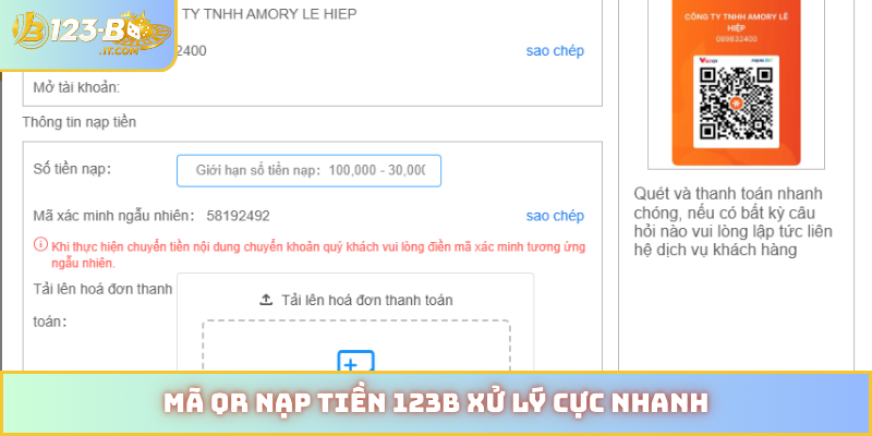 Mã QR nạp tiền 123B xử lý cực nhanh